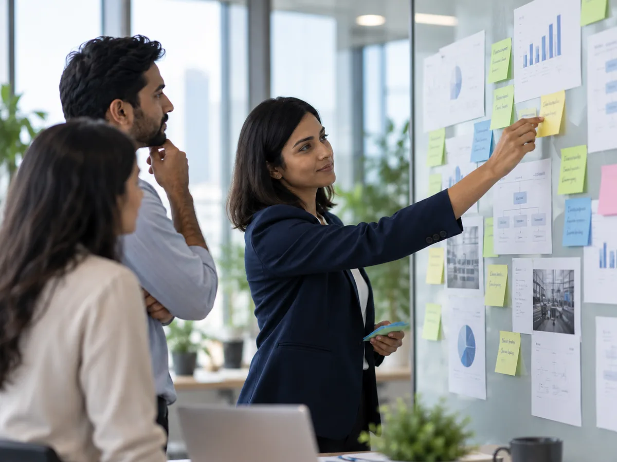 A consultant mapping priorities on a planning wall with a client team
